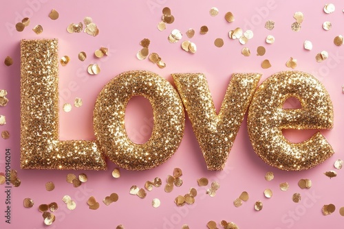 Golden love sign celebrating valentine's day with glitter and confetti on pink background