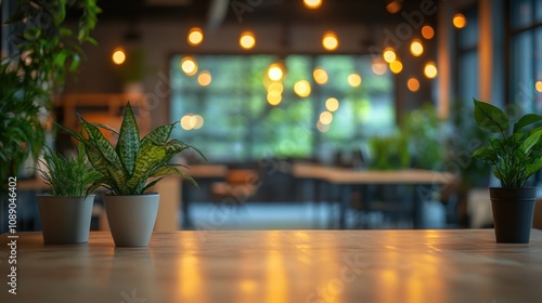 A close-up of a wooden table with potted plants in a cafe with blurred background.