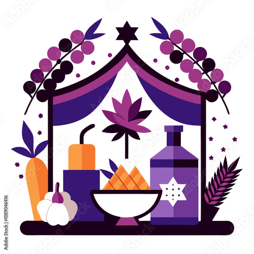 Stylized purple and orange sukkah with symbolic foods for Jewish Sukkot festival. Geometric design shows carrots, garlic, pumpkin and fruit bowl in flat graphic style. Concept: Jewish holiday, Sukkot