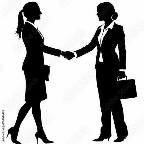 Silhouette of two businesswomen shaking hands, one carrying briefcase. Professional encounter captured in minimalist black style Concept female leadership, business negotiations, executive partnership