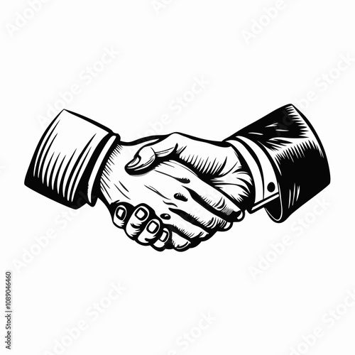 Vintage hand shake illustration for business partnership representation, cooperation concept, copy space