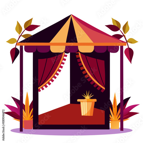 Elegant maroon and gold striped tent housing golden trophy. Burgundy curtains frame small kiosk flanked by decorative potted plants. Concept: award ceremony, carnival attraction, prize display