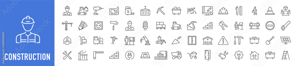 Construction web icons in line style. Building, engineer, business, road, repair tools, equipment, helmet, crane, builder, industry collection. Vector illustration. Construction web icons in line style. Building, engineer, business, road, repair tools, equipment, helmet, crane, builder, industry collection. Vector illustration.
