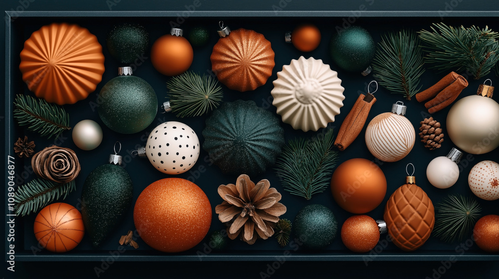 Assorted Christmas ornaments with pine branches and cinnamon sticks in a decorative arrangement Assorted Christmas ornaments with pine branches and cinnamon sticks in a decorative arrangement