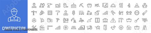 Construction web icons in line style. Building, engineer, business, road, repair tools, equipment, helmet, crane, builder, industry collection. Vector illustration.