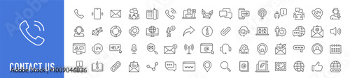 Contact Us web icons in line style. Web and mobile icon. Chat, point, chat, support, message, phone, globe, call, info collection. Vector illustration.