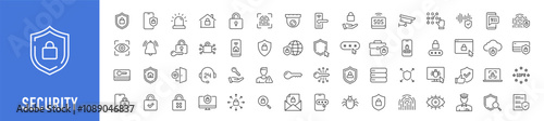 Security web icons in line style. Guard, cyber security, password, smart home, safety, data protection, key, shield, lock, unlock, eye access. Vector illustration.