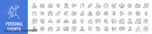 Personal growth web icons in line style. Growth profit, career progress, business people, strategy, coaching, tutorship, collection. Vector illustration.