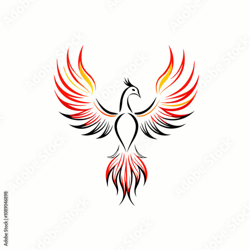 Stylized phoenix rising with flames and intricate feather designs in vibrant colors