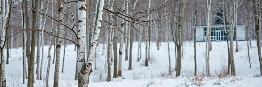 Fototapeta premium serene bare winter birch tree in a peaceful snow-covered forest, wintery wonderland, snowy landscape