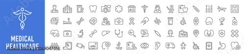Medical and Healthcare web icons in line style. Medicine, RX, doctor, virus, testing, lab, scientific discovery, infographic collection. Vector illustration.