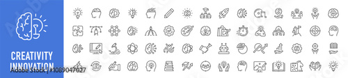 Creativity web icons in line style. Creativity, Finding solution, Brainstorming, technology, teamwork, Inspiration, Creative thinking, Brain. Vector illustration.