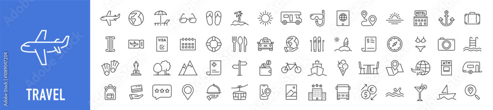 Travel and tourism web icons in line style. Airplane, trip, beach, passport, luggage, camping, hotel, summer vacations, collection. Vector illustration. Travel and tourism web icons in line style. Airplane, trip, beach, passport, luggage, camping, hotel, summer vacations, collection. Vector illustration.