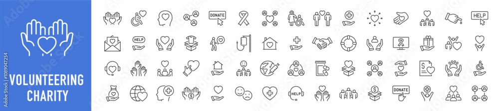 Volunteering and charity web icons in line style. Donate, donor, doctor, care, help, support, collection. Vector illustration. Volunteering and charity web icons in line style. Donate, donor, doctor, care, help, support, collection. Vector illustration.