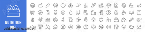 Nutrition web icon set in line style. Treatment, healthy food, health, diet, obesity, palm oil free, collection. Vector illustration.