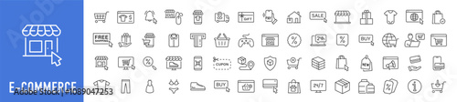 E-Commerce web icons in line style. Online shopping, digital marketing, delivery, coupon, shop, discount, bank card, gifts, shop collection. Vector illustration.
