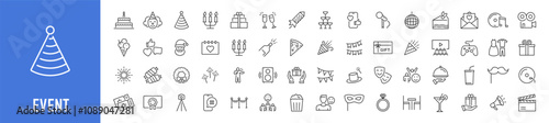 Party and Event web icons in line style. Birthday, dancing, happy new year, week, christmas, entertainment, invitations, wedding, event, holidays, carnival, collection. Vector illustration.
