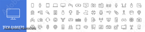 Tech Gadgets web icons in line style. Phone, tablet, laptop, startup, tv, dron, robot, game controler, vr, headphones, projector, collection. Vector illustration.