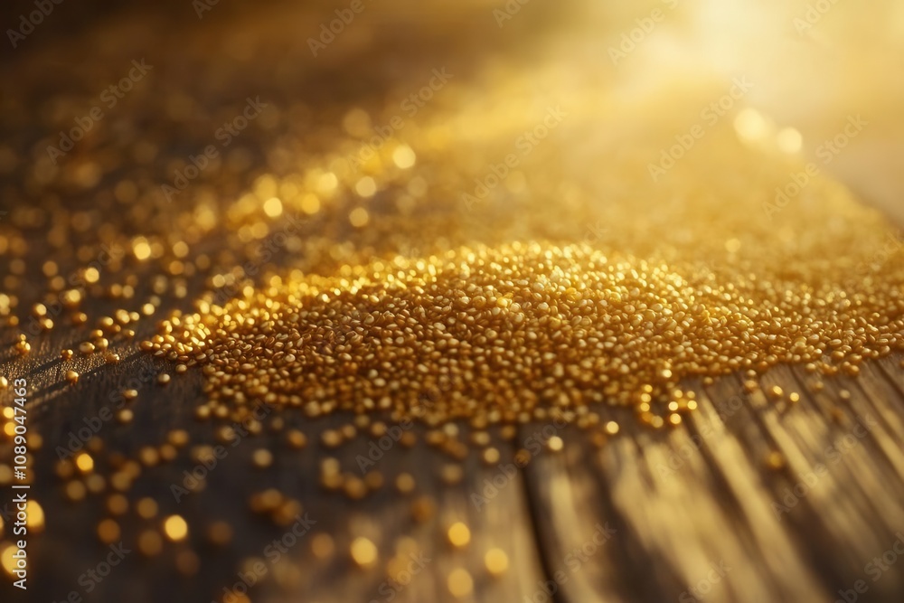 A close-up view of shimmering golden particles scattered on a wooden surface, illuminated by soft warm light A close-up view of shimmering golden particles scattered on a wooden surface, illuminated by soft warm light