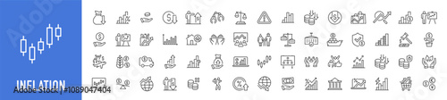 Inflation web icons in line style. Crisis, economic, unemployment, hyperinflation, inflation rate, scarcity, price increase, money, investment, depreciation, energy, transportation, collection. Vector