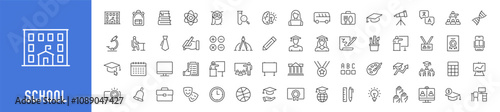 School web icons in line style. Education, knowledge, teacher, class room, study, language, collection. Vector illustration.Art & Illustration