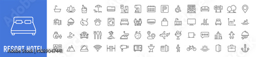Resort Hotel web icons in line style. Wellness, beach, tourism, hotel, passport, maps, spa, landscape, camera. Icon collection. Vector illustration.