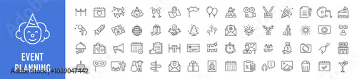 Event planning web icons in line style. Management, catering, registration, wedding, coordination, entertainment, invitations, logistics,  collection. Vector illustration.