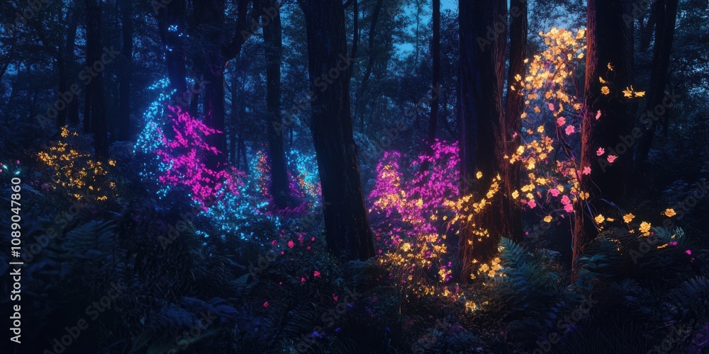 A moody forest scene at night where dark, silhouetted trees have glowing, neon-colored vines A moody forest scene at night where dark, silhouetted trees have glowing, neon-colored vines