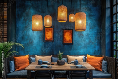 Cozy asian restaurant interior design with warm lighting and blue walls photo