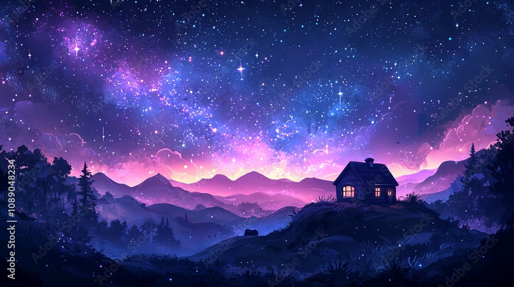Watercolor illustration lullaby theme, A serene night landscape featuring a quaint house amidst mountains under a vibrant, star-filled sky with a cosmic glow. Watercolor illustration lullaby theme, A serene night landscape featuring a quaint house amidst mountains under a vibrant, star-filled sky with a cosmic glow.