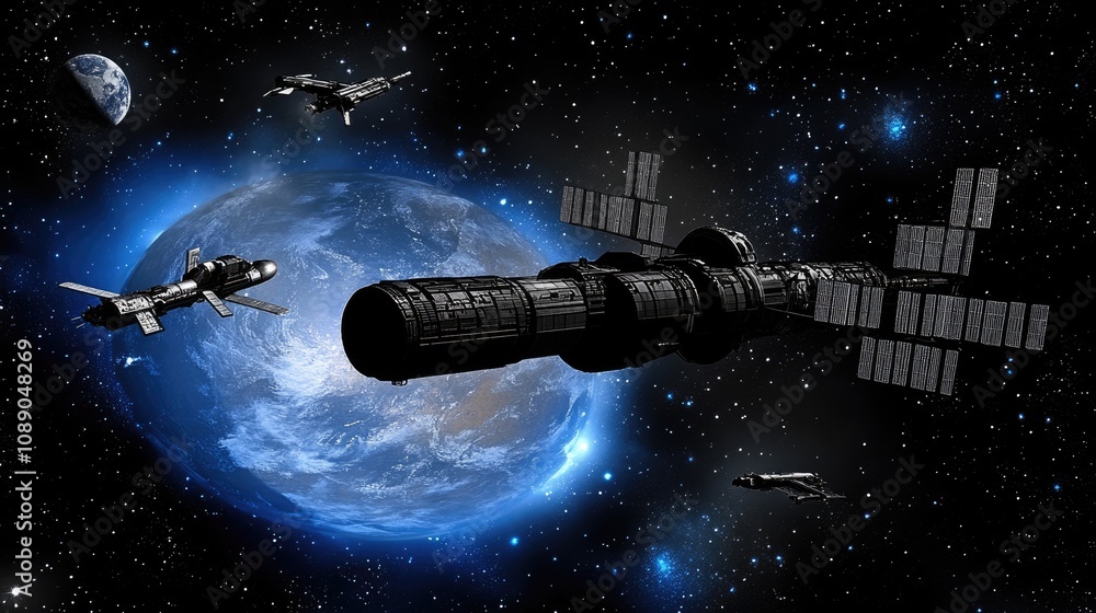 Naklejka premium A visionary space elevator structure, surrounded by bustling spacecraft and the blue curve of Earth.