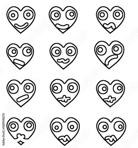 Emoticon heart reaction face. Love symbol. Isolated on white background. Vector Collection of heart illustrations, Love symbol icon set, black sketch heart 