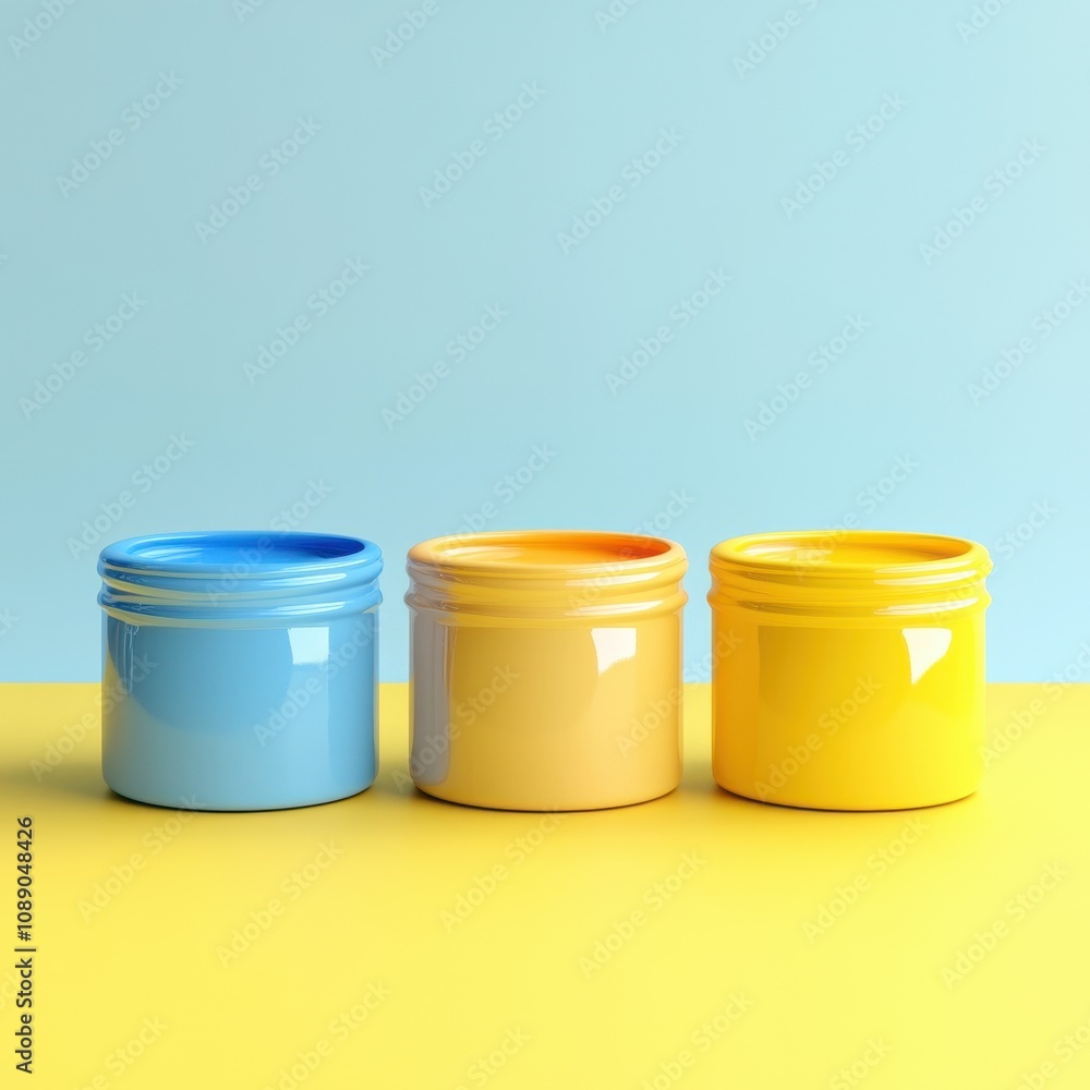 Colorful Ceramic Containers on Yellow and Blue Background Colorful Ceramic Containers on Yellow and Blue Background
