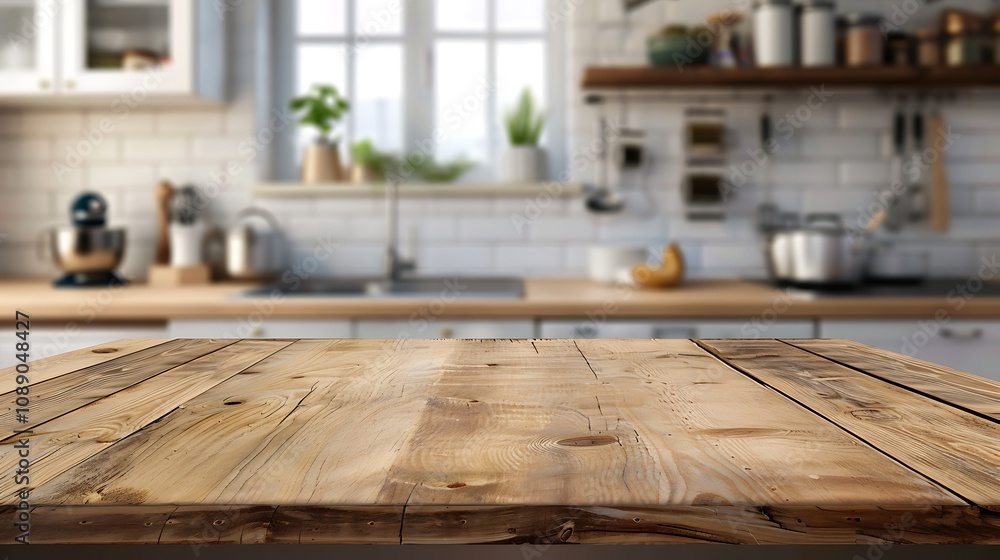 A wooden kitchen countertop with a blurred background featuring a modern kitchen setup. A wooden kitchen countertop with a blurred background featuring a modern kitchen setup.