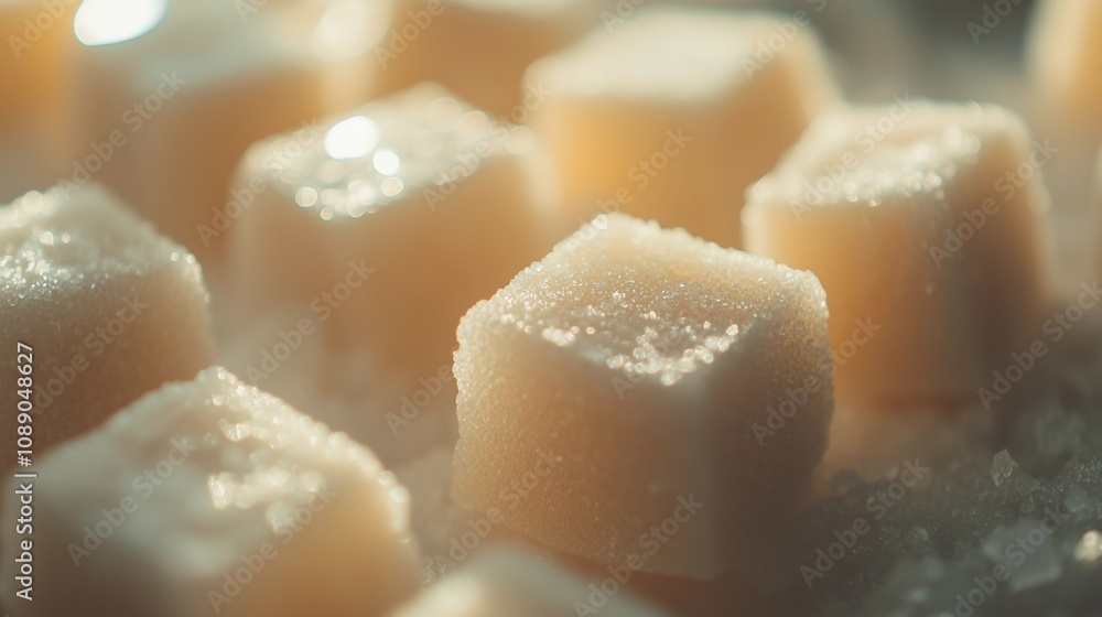 Close-Up of Sugar Cubes with Blurred Background, Highlighting Dietary Awareness and the potential dangers of overconsumption. Close-Up of Sugar Cubes with Blurred Background, Highlighting Dietary Awareness and the potential dangers of overconsumption.