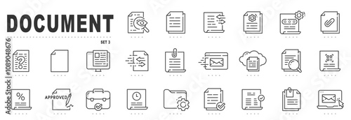 Set of document related line icons. Folder,  page, file, website etc. Editable stroke. Set 3
