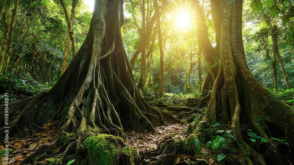Fototapeta premium Majestic Tropical Forest with Sunlight Filtering Through Lush Green Canopy, Emphasizing Vivid Roots of Ancient Trees in a Serene Natural Environment