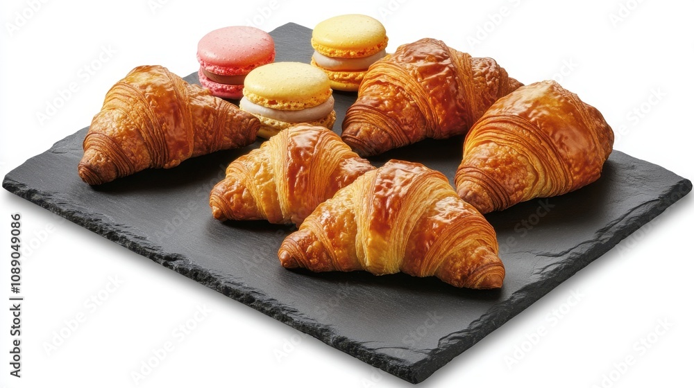 Freshly Baked Croissants and Colorful Macarons on a Slate Platter Perfect for Coffee Shops, Bakeries, and Delicious Breakfast or Dessert Promotions Freshly Baked Croissants and Colorful Macarons on a Slate Platter Perfect for Coffee Shops, Bakeries, and Delicious Breakfast or Dessert Promotions