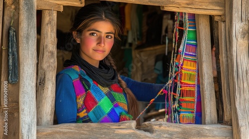 A woman engrossed in traditional carpet weaving, creating intricate patterns, with plenty of background space for text or graphics. photo