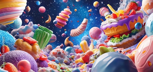Surreal 3D render of a vibrant, colorful explosion of candy, sweets, and desserts in space.  Whimsical and fantastical food art.