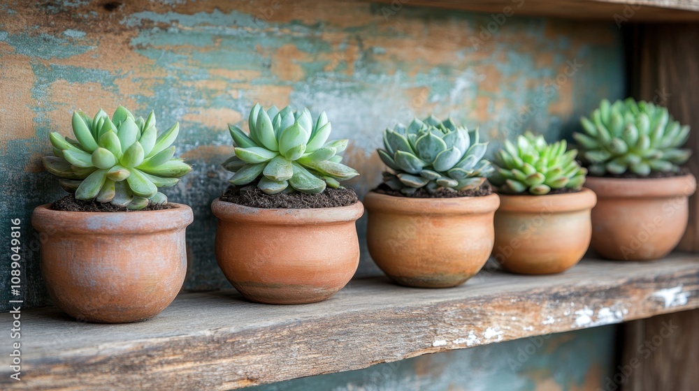 Beautiful Collection of Succulent Plants in Terracotta Pots Arranged on a Wooden Shelf with Rustic Background and Natural Textures Beautiful Collection of Succulent Plants in Terracotta Pots Arranged on a Wooden Shelf with Rustic Background and Natural Textures