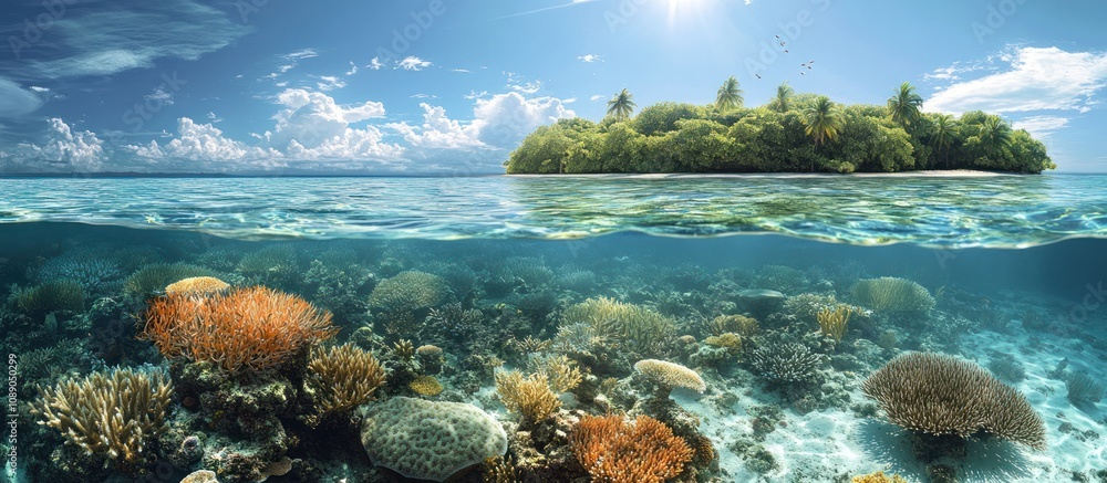 Naklejka premium Tropical Island with Underwater Coral Reef