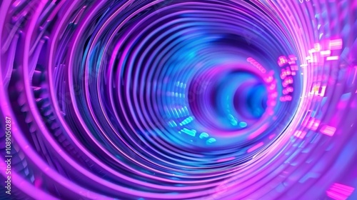 Graphic design art of abstract illusion of spiral with geometric shapes of pink and violet neon lines