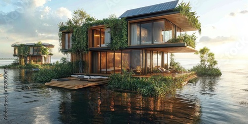 Eco-friendly floating house with solar panels, nestled amongst lush greenery on calm water.