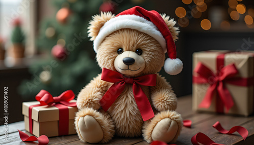 Teddy bear wear santa claus hat