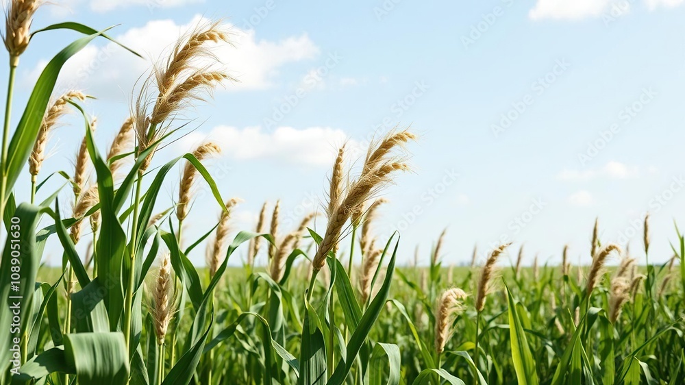 Tall corn stalks swaying gently in a spring breeze amidst lush green fields and blue sky, agriculture, growth Tall corn stalks swaying gently in a spring breeze amidst lush green fields and blue sky, agriculture, growth