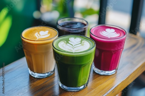 Colorful matcha lattes with artful foam designs in glasses on wooden table