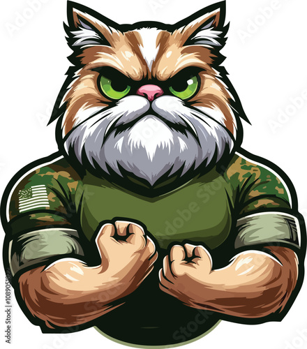 The Persian cat mascot is wearing a green army t-shirt with clenched fist pose