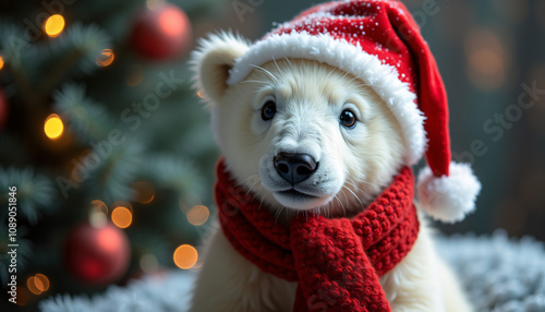 Whit baby bear wear red santa claus hat and red knit scarf in christmas time