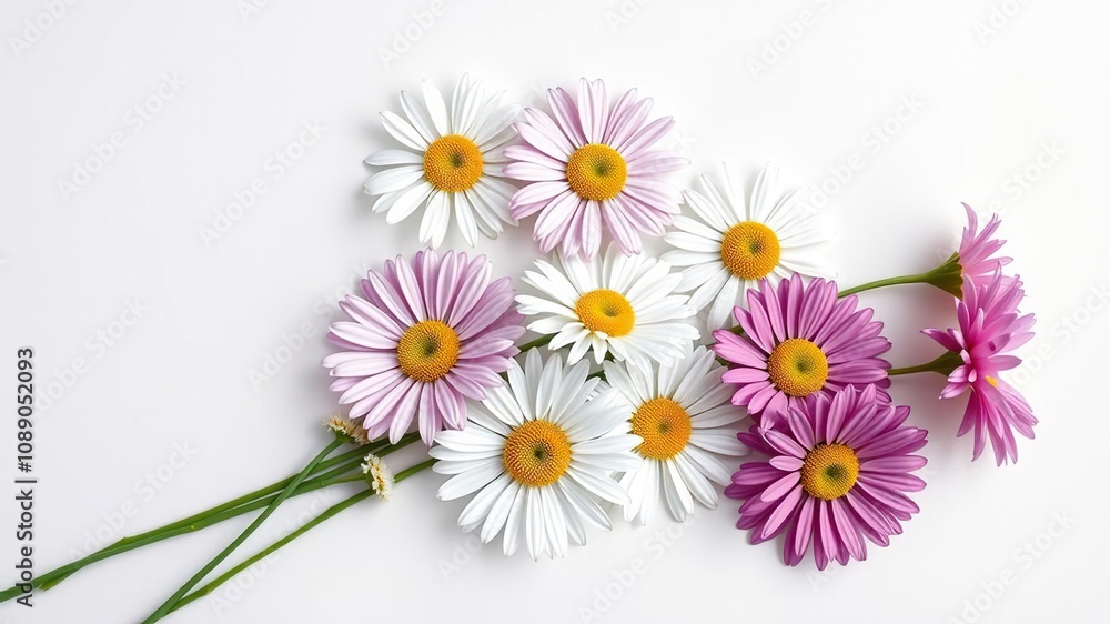Fototapeta premium A beautiful still life of daisies arranged on a plain canvas with soft brushstrokes creating a sense of movement, soft brushwork, calming effect